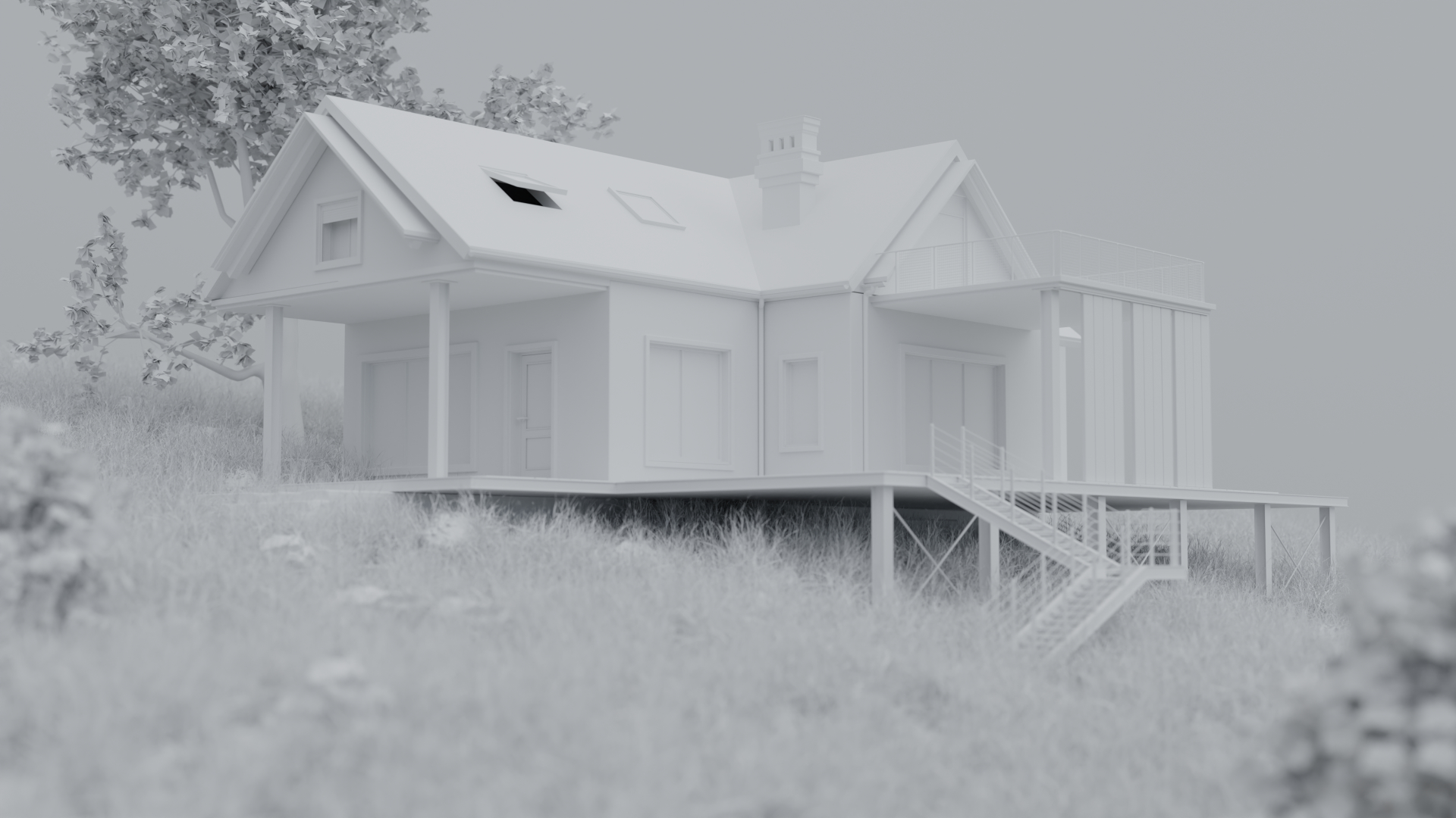 Rendu 3D de la même maison à la maison, mais toute blanche